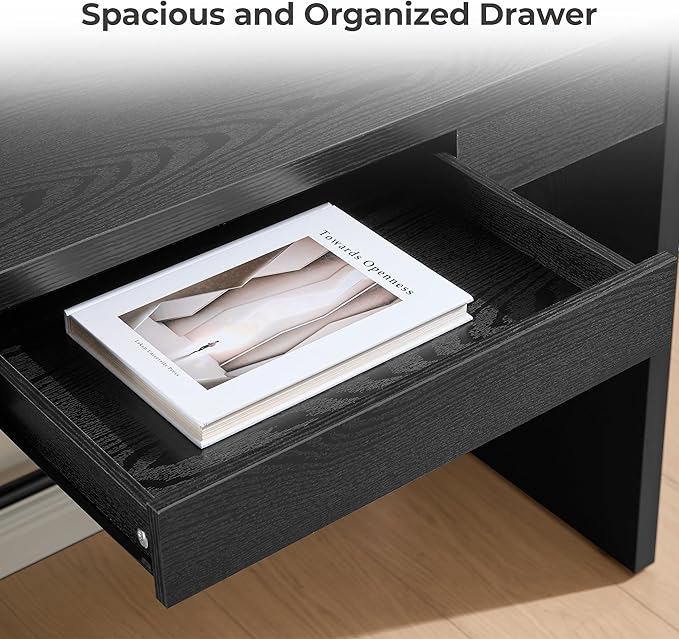 SICOTAS Computer Desk Writing Table - 47-Inch Wooden Study Desk for Bedroom Farmhouse Home Office Desk with Drawer Boho Makeup Vanity Table for Dormitory (Black Oak 1 Piece)