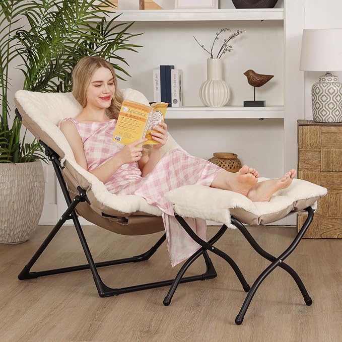 Comfy Saucer Chair for Adults Soft Faux Fur Bedroom Chair with Ottoman Accent Dorm Chairs Living Room Reading Chairs and Footstool Folding Seat for Teens X-Large Beige