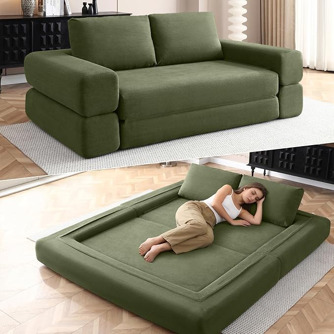 81 Inch Convertible Folding Sofa Bed Fold Out Couch Bed Corduroy Futon Couch with Back Pillows Boneless Sofa Comfy Lounge Floor Sleeper Mattress Loveseat for Living Room Bedroom Green