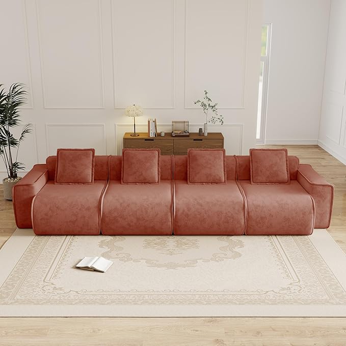 KEIKI 4Seat Modular Boneless Velvet Sofa Couch for Living Room Bedroom Studio Style Conscious Homeowners Luxurious Elegant Sophisticated Refined Design Stylish Design Red