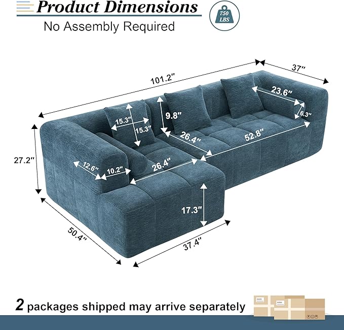 101.2 L Shaped Sofa Cloud Sectional Couch with Deep Seat Modern Boneless Couch with Chaise Memory Foam Couches for Living Room Apartment Office Blue