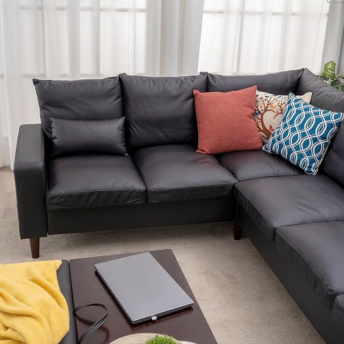 Panana Sectional Sofa 5 Seater L Shape Corner Chaise Sofa for Apartment with Built in USB Port Chaise (Black Artificial Leather 5 Seats Corner Sofa with Built in USB Chaise)