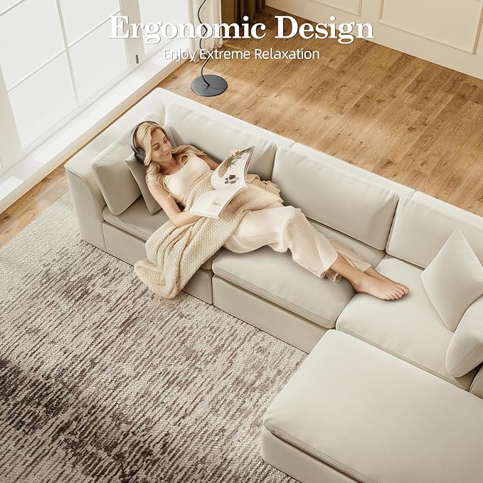 4 Seater Modular Sectional CouchModern L Shaped Boneless Sectional Sofa with OttomanChenille Cloud Couches for ApartmentBeige