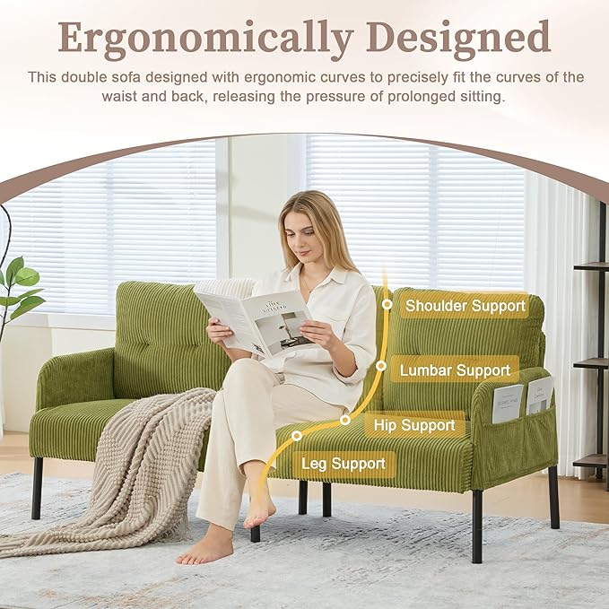 KEIKI 67 Corduroy Loveseat Sofa with Double Side Pockets &amp High Resilience Cushion Modern Style Upholstery Oversized 2-Seater Couch with Metal Legs Easy Assembly for Living Room Green