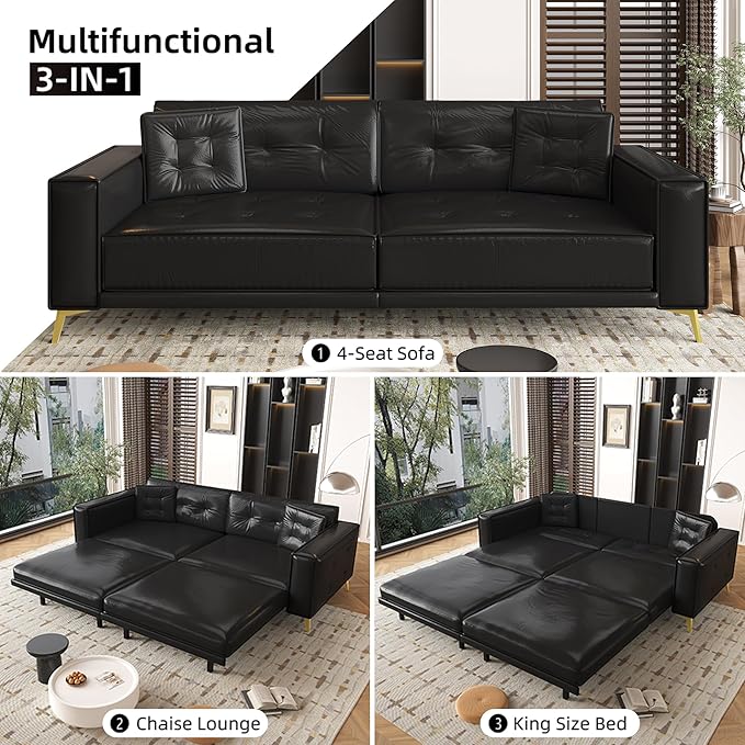 92.1'' King Pull out Sofa Bed Convertible Futon Couch 3-in-1 Faux Leather Sleeper Sofa with Tufted Back 2 Pillows Gold Legs Deep Folding Loveseat Couches for Living Room Apartment Black