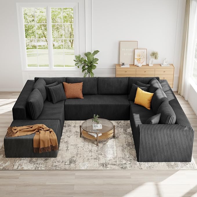 135 U Shaped Boneless Couch Oversized Boneless Sectional Couches for Living Room Large Modular Sofa with Ottoman Plush Corduroy Couch with Deep Seat Chaise No Assembly Black