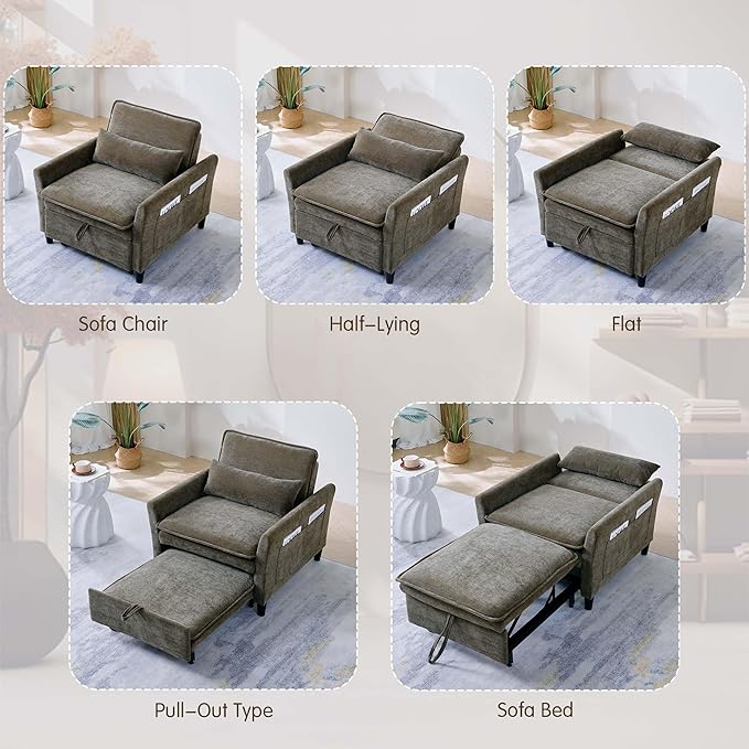 Sleeper Chair Pull Out BedChenille 3 in 1 Convertible Sleeper Couches Single Sofa Chair with Adjustable Backrest for Living Room Bedroom Small Spaces (Olive Green)