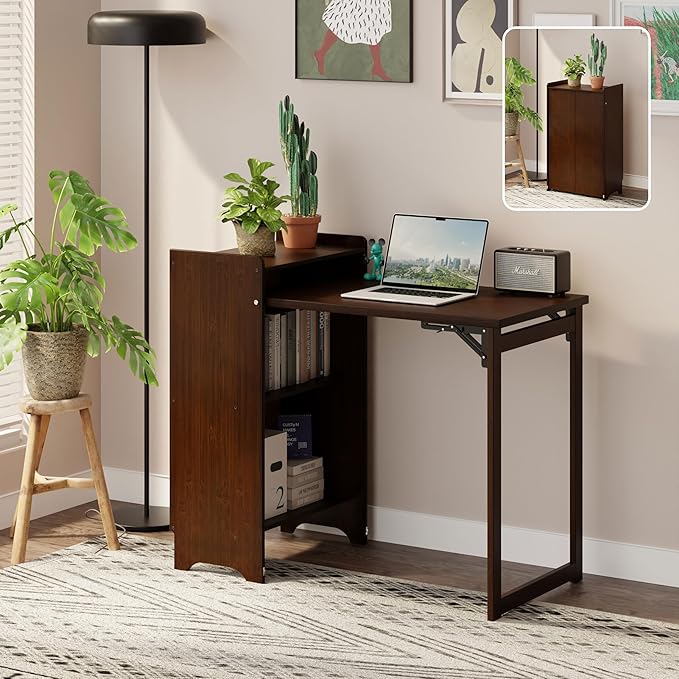 Bamboo Folding Desk for Small SpacesHidden Desk with Storage Shelf Foldable Computer Desk for Bedroom Home Office Mid Century Modern Fold Out Table Writing Table Walnut