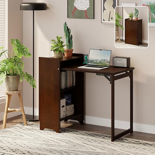 Bamboo Folding Desk for Small SpacesHidden Desk with Storage Shelf Foldable Computer Desk for Bedroom Home Office Mid Century Modern Fold Out Table Writing Table Walnut