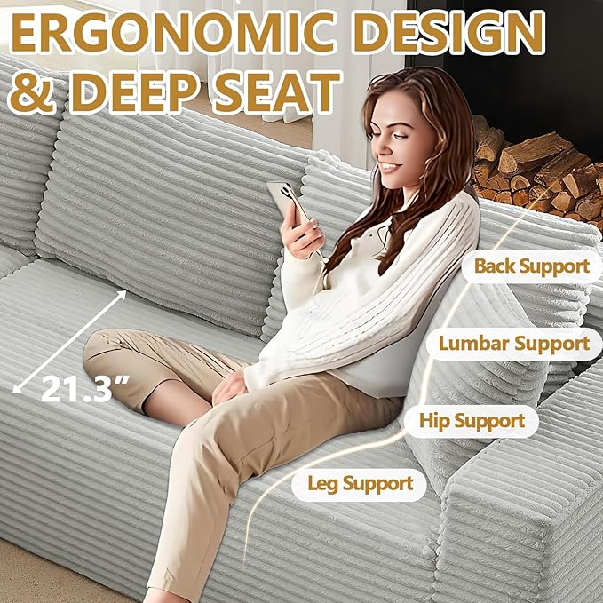 104 Boneless Sectional Couches L Shaped Couch with Deep Seat for Living Room Apartment Corduroy Memory Foam Couch with Comfy Pillows (Light Grey Left Chaise)