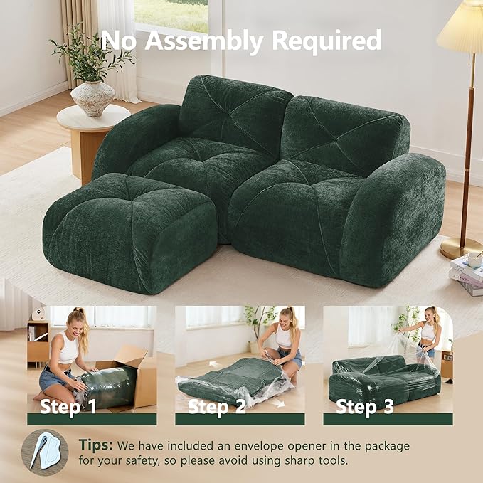 80 Sectional Modular Cloud Couch Boneless Couches with Deep Seat Convertible 2-Seater Sofa Set with Ottoman for Living Room Bedroom Office Green