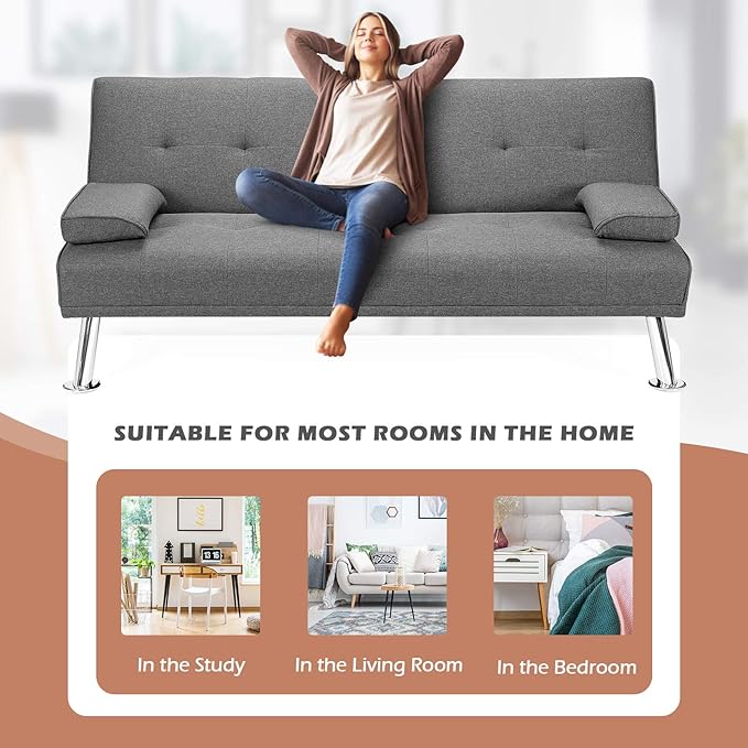 Giantex Modern Convertible Futon Sofa Bed Linen Upholstered Sofa Sleeper w/Metal Leg Removable Armrests 2 Cup Holders Backrest Adjustable Folding Sofa Bed for Apartment (Light Gray)