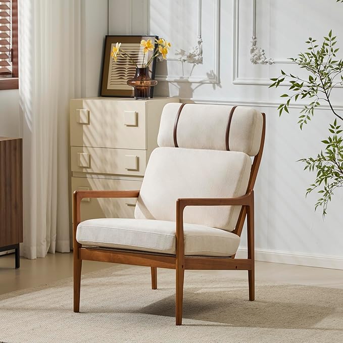 Merax Mid Century Modern Accent Chair High Back Armchair with Beige Upholstered Cushions and Solid Wood Frame Ergonomic Lounge Chair for Living Room/Bedroom/Reading Nook