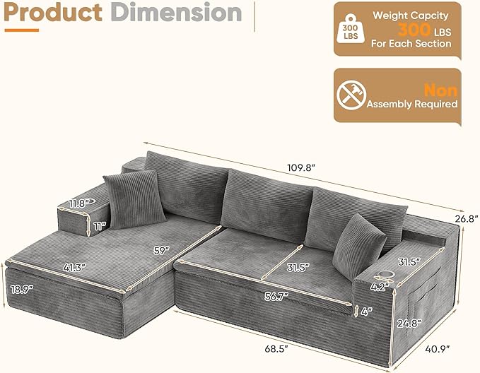Homall 109 Boneless Couch with Memory Foam Modular Sectional Sofa with L-Shape Chaise Cloud Couch with Deep Seat Dual Cup Holders &amp Side Pockets No Assembly Required (Gray)