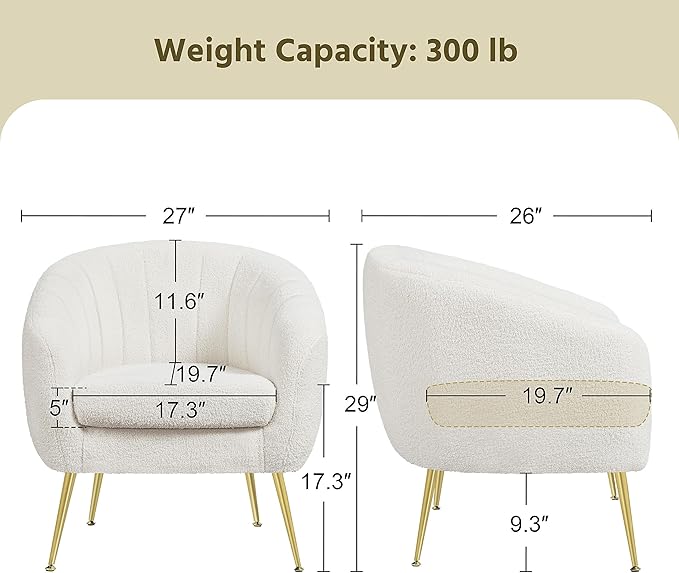 Yaheetech Accent Chair Modern Cozy Vanity Chair with Gold Metal Legs Boucle Fabric Armchair with Removable Seat Cushion for Living Room Bedroom Office Guest Room Ivory 2 pcs