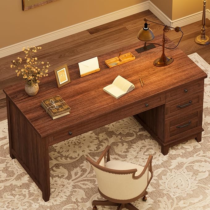 GAOMON 54.5in Wooden Executive Desk with Drawers Office Desk Computer Table with Charging Station Farmhouse Home Office Desk with File Cabinet Storage for Study and Home Office Walunt Brown