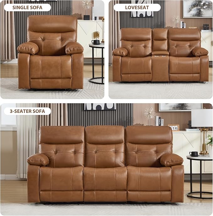 CANMOV Genuine Leather Power Recliner Loveseat 2 Seat Loveseat Reclining Sofa with Storage ConsoleHidden Cup HoldersModern Electric Recliner Couch Set for Living Room BedroomBrown