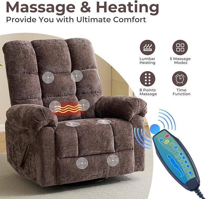 Oversized Swivel Rocker Recliner with Heat and Massage Overstuffed Swivel Rocking Chair for Living RoomManual Rocker ReclinerComfy Soft Fabric Recliner Sofa ChairCoffee
