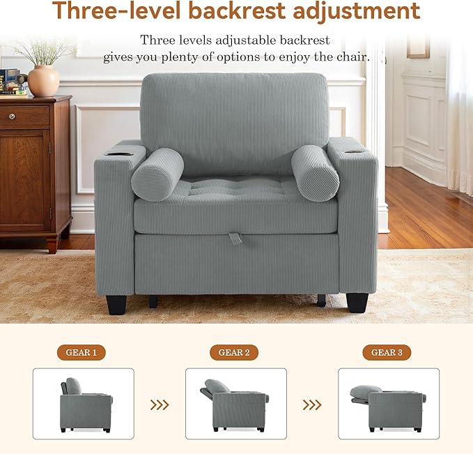Convertible Sleeper Chair Bed Comfy Corduroy Single Futon Sofa Chairs with Pull Out Bed 3-Levels Adjustable Backrest Accent Chair with Side Pockets Cup Holder &amp USB Ports for Living Room Bedro