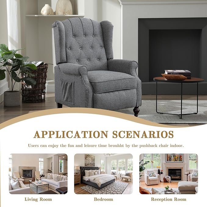 Pushback Recliner Chair Linen Elizabeth Tufted Armchair Accent Chair with Massage &ampHeat Mid Century Modern Wingback Single Sofa Chairs for Living Room Small Space Home Theater (Light Grey)
