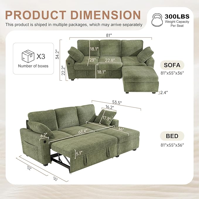 Hanherry 81 Sectional Couch with Pull Out Sofa BedCorduroy Sleeper Sofa with Storage Ottoman &amp USB ChargingComfy L Shaped Modular Couches for Living RoomApartment | USB charging port side poc