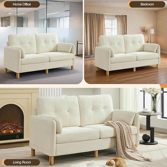 65 Chenille Loveseat Sofa Modern 2-Seater Love Seat Couch with Armrest Pillows Storage Pockets Easy Assembly Upholstered Tufted Loveseat Sofa Couches for Living Room Bedroom Beige