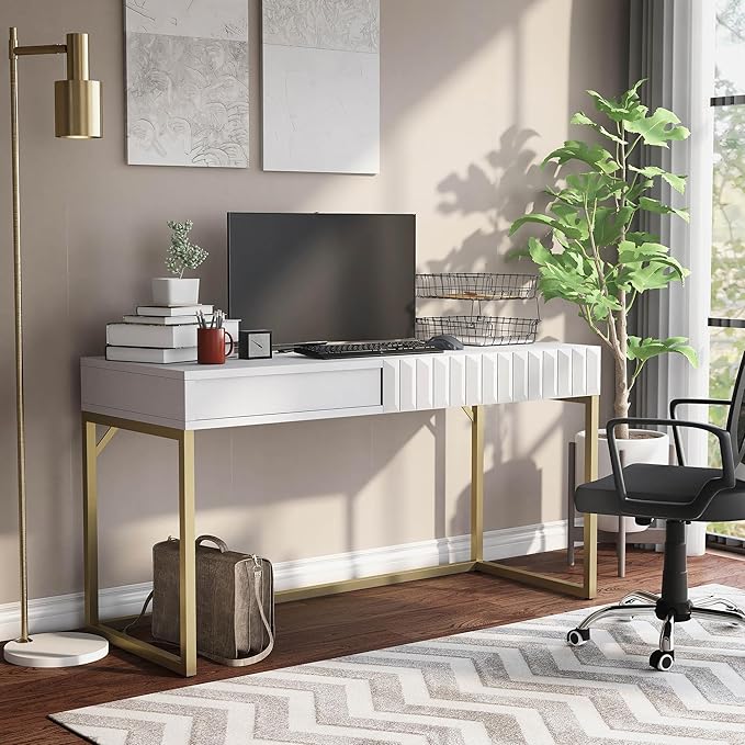 24/7 Shop at Home Bellevue Modern Metal Hidden Storage Writing Desk with Lift-Top for Workstation Home Office Study Room Antique White and Gold