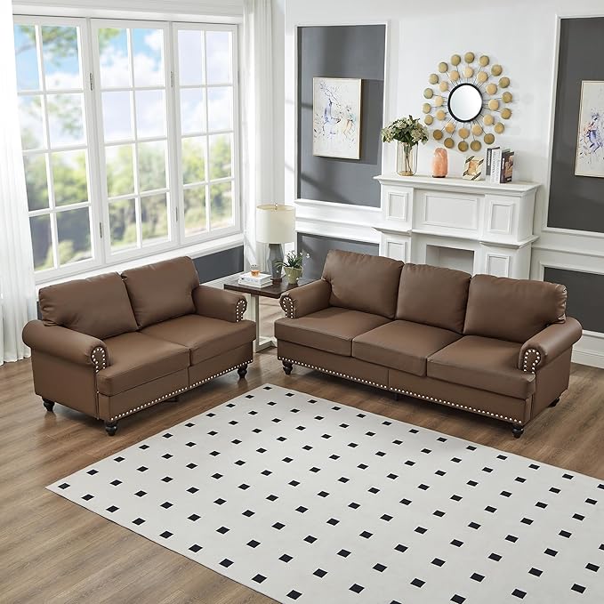 2 Pieses Living Room Sofa Sets Faux Leather Couch and Loveseat with Nailhead Decor Soild Wood Legs Rolled Armrests &amp Storage 2PCS Sofas 3 Seaters Couch and Love Seat for Living Room Furniture S
