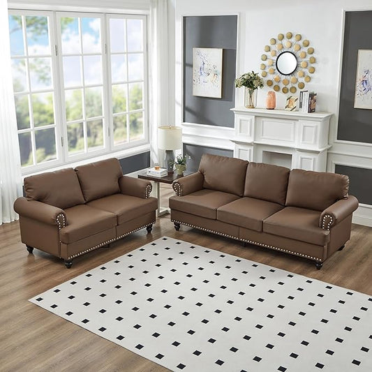 2 Pieses Living Room Sofa Sets Faux Leather Couch and Loveseat with Nailhead Decor Soild Wood Legs Rolled Armrests &amp Storage 2PCS Sofas 3 Seaters Couch and Love Seat for Living Room Furniture S