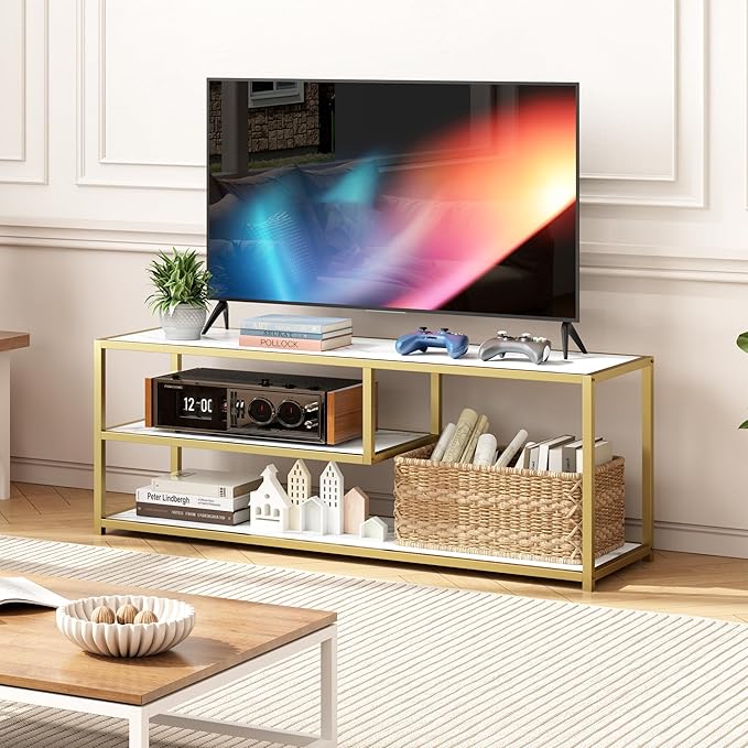 Function Home TV Stand for TVs up to 55 Inch 3 Tier Entertainment Center Media Console with Open Storage Shelves for Living Room Bedroom 47” Modern TV Table with Faux Marble Top Gold Metal Leg