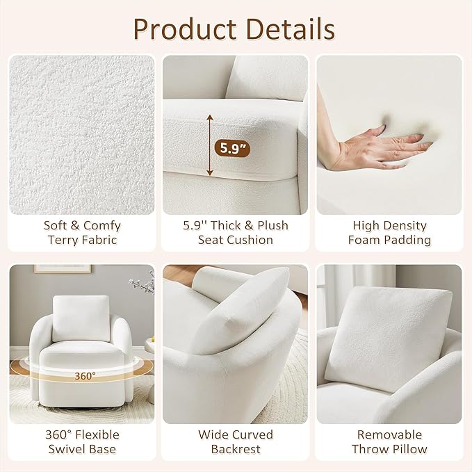 Swivel Barrel Chair Cloud 360° Upholstered Armchair with Removable Throw Pillow for Living Room Bedroom Modern Comfy Single Sofa Chairs Fully Assembled White