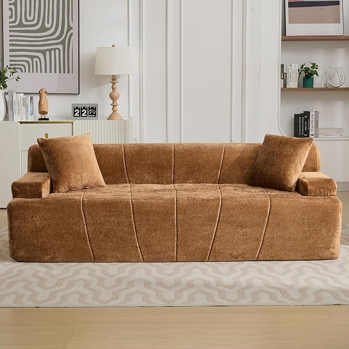 82.7 Modern Velvet Boneless Couch Ultra Comfy 3-Seater Sofa for Living Room Bedroom Home Office No Assembly Required (Brown)