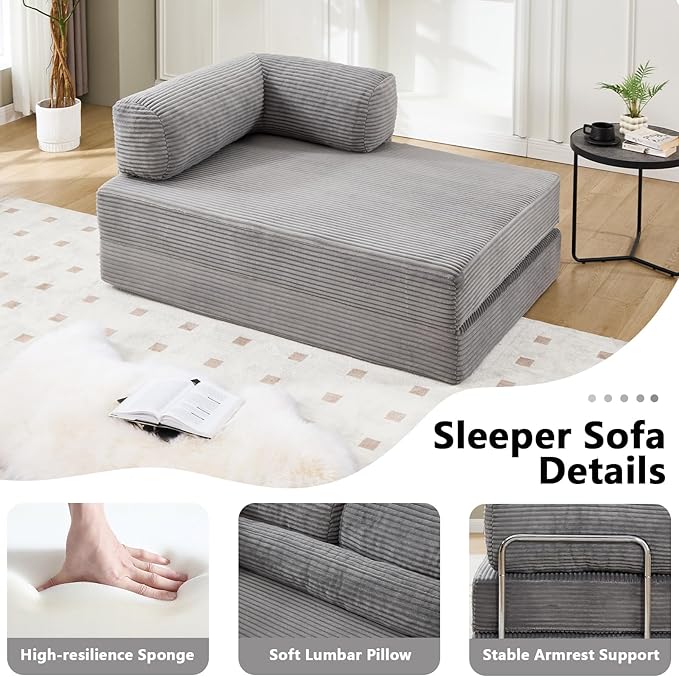 5-in-1 Convertible Sofa Bed 79 Corduroy Folding Sleeper Couch Bed with Steel Frames Boneless Foldable Floor Sofa Bed for Living Room Guest Room No Assembly (Grey)