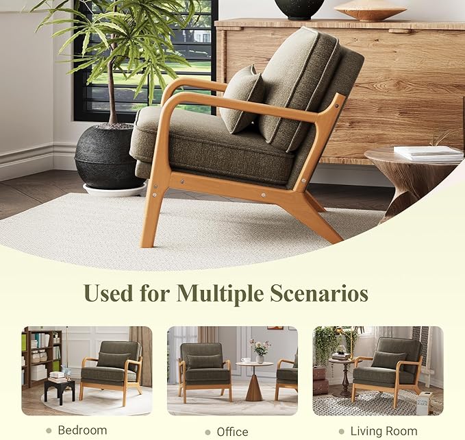 Accent Chair with Solid Wood Frame Mid-Century Relaxing Armchair Lumbar Pillow&amp Soft Cushion Reading Leisure Chair for Living Room Bedroom Waiting Room-Green