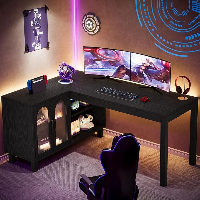 Tribesigns 59 L Shaped Desk with File Cabinet Executive Office Desk with Storage Shelves Modern Wood Computer Desk Coner Writting Desk for Home Office Work Study (Black)
