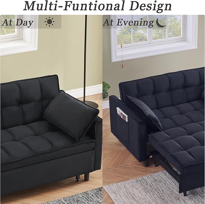 55 Sleeper Loveseat3 in 1 Sofa BedPull Out Couch Bed with 2 Pillows and Side PocketsVelvet Convertible Bed for Small Spaces Living Room (Black)