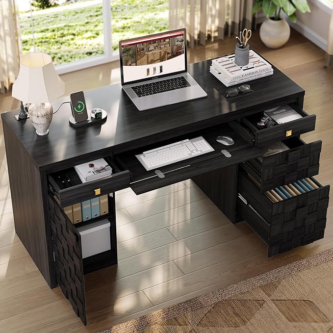 58 Executive Desk with Drawers Home Office Desk with Charging Station &amp Keyboard Tray Wood Office Desk with File Drawer &amp Storage Cabinet Modern Computer Writing Desk with Adjustable Shelf