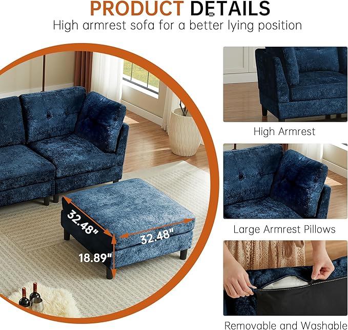 99 Sectional Couch for Living Room Oversized 3-Seater L Shape Sofa with Deap Wide Seat Movable Ottoman Polyester Fabric Blue