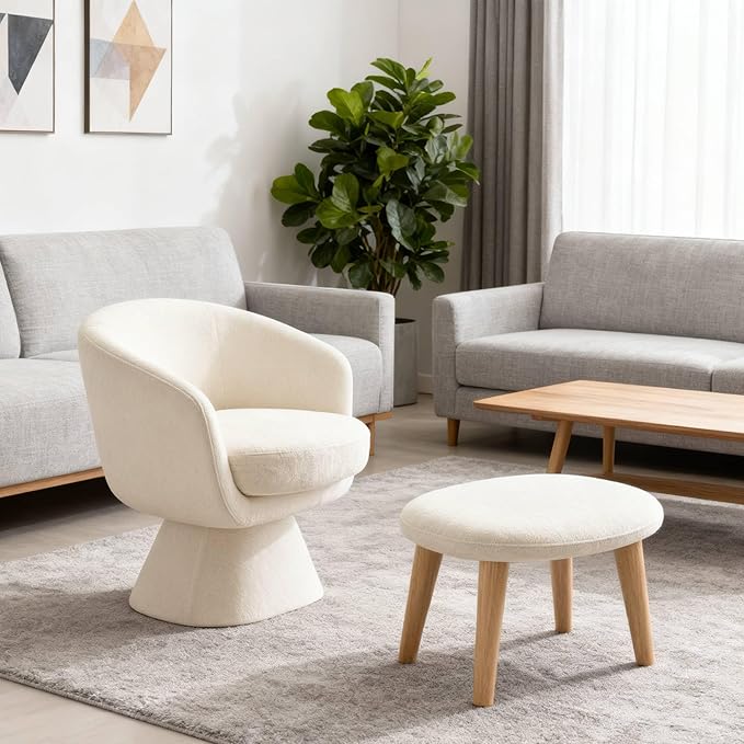 27.55 Swivel Lounge Accent Chair with Ottoman Modern Fabric Upholstered Reading Armchair Single Sofa Chair 2-Piece Set for Living Room &amp Bedroom White