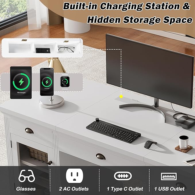Merax 67 Executive Desk with Drawers Modern Home Office Desk with Charging Station Glass Doors Cabinet Storage Wood Computer Desk for Work and StudyWhite