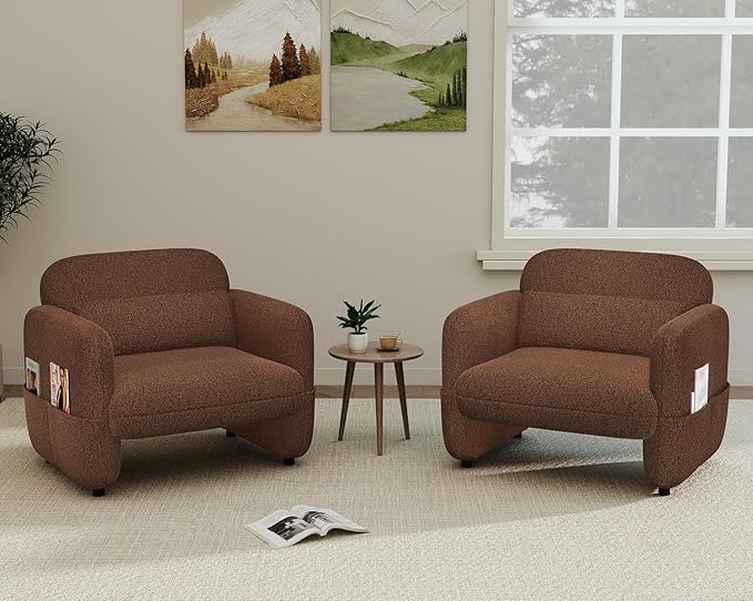 33.46 Accent Chairs Set of 2 Comfy Living Room Reading Chairs Oversized Sherpa Lamb Lounge arm Chair with Waist Pillow for Bedroom and Living Room (Dark Brown)