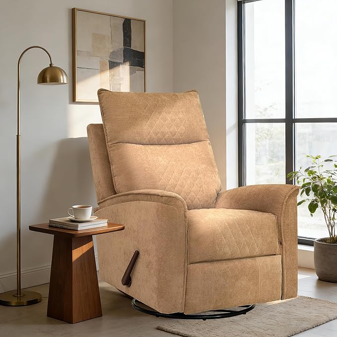 Swivel Rocker Recliner Chair for Adults Rocking Chair Small Swivel Recliner for Small Spaces Living Room Bedroom RV(Khaki)