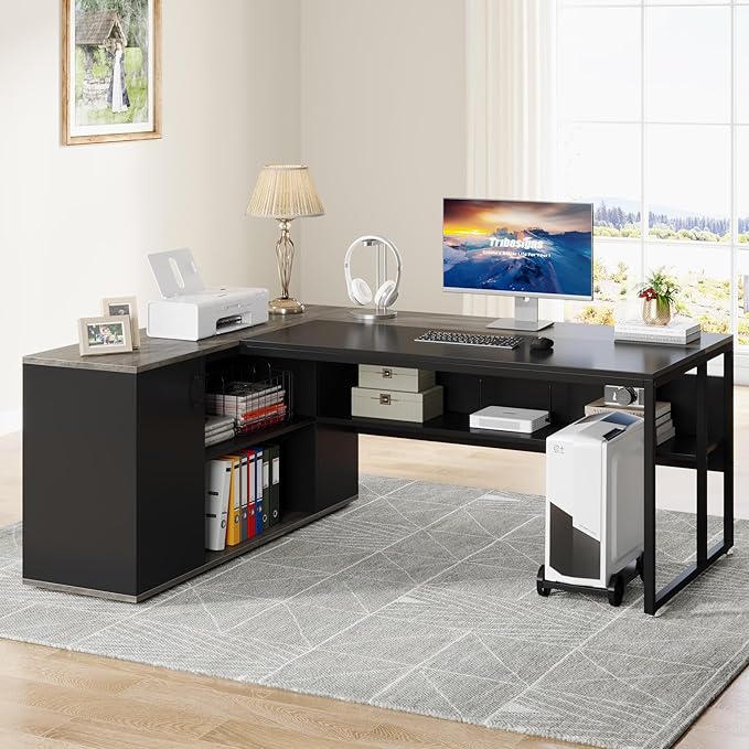 Tribesigns 71 inch Executive Desk L Shaped Desk with Cabinet Storage Executive Office Table with Shelves Business Furniture Set Workstation for Home Office Gray