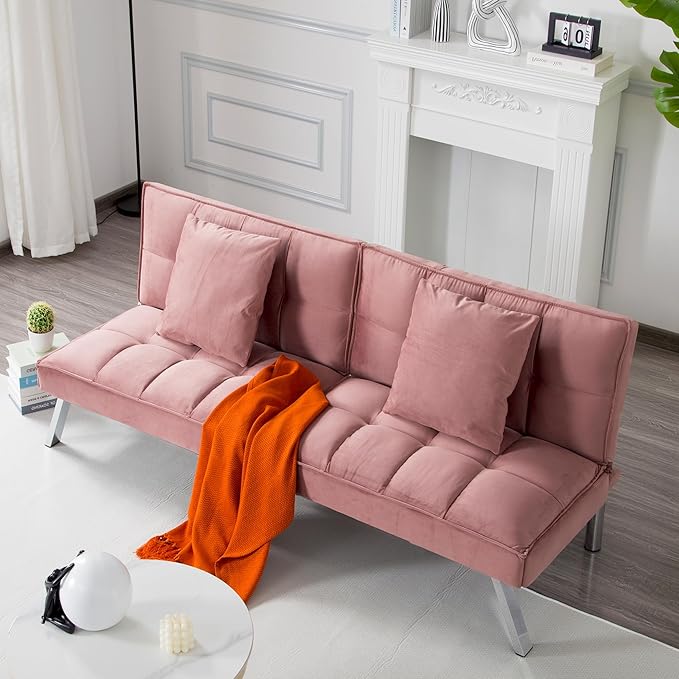 68 Modern Sofa Bed FutonConvertible Sleeper Bed Couch with 4 Reclining BackrestComfy Velvet Cloud Sofa Loveseat for Living Room Bedroom Office (Pink)