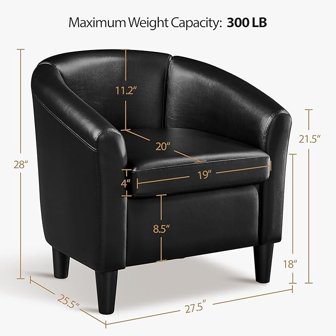 Topeakmart Faux Leather Club Chair Modern Accent Chair and Cozy Barrel Armchair with Sturdy Legs for Living Room Bedroom Reception Room Black