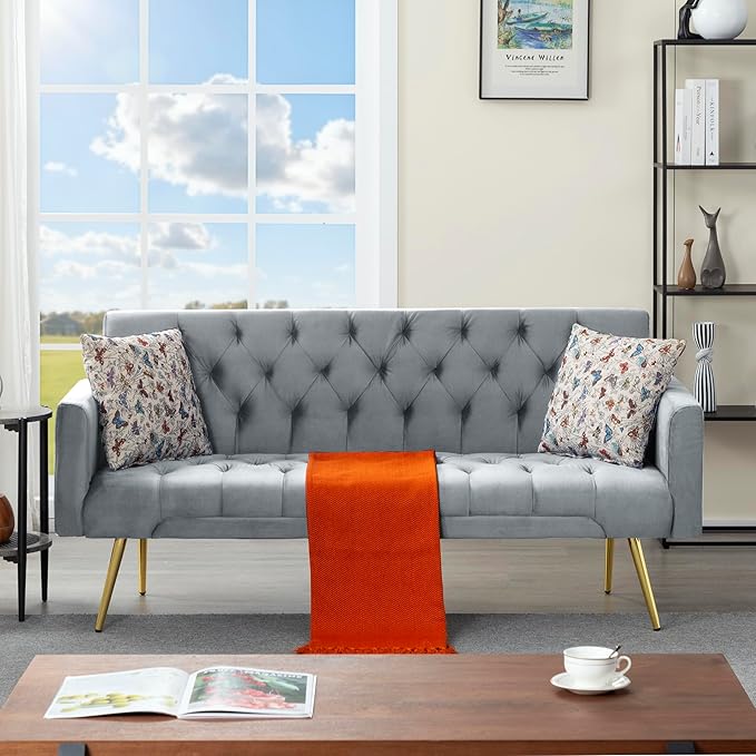 68.5” Futon Sofa Bed Convertible Futon Couch with Adjustable BackrestFolding Sofa Bed with 2 Pillows &amp Metal Legs Sleeper Loveseat with Armrest for Home Office (Dark Gray)