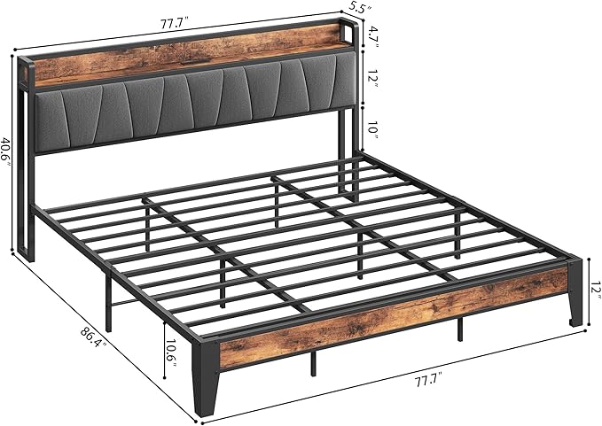 LIKIMIO King Size Bed Frame Storage Headboard with Charging Station Solid and Stable Noise Free No Box Spring Needed Easy Assembly