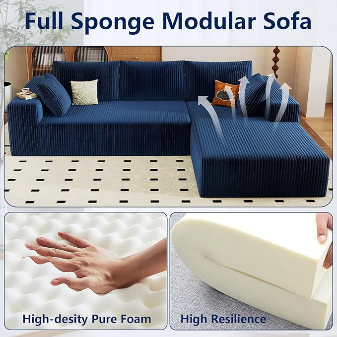 Modular Sectional Sofa Cloud Sectional Couch96 Comfy Fluffy L-Shaped Couches for Living RoomDeep Seat Memory Foam Plush Corduroy Boneless Couch Sectionals No Assembly (BlueRight-Facing Chaise)