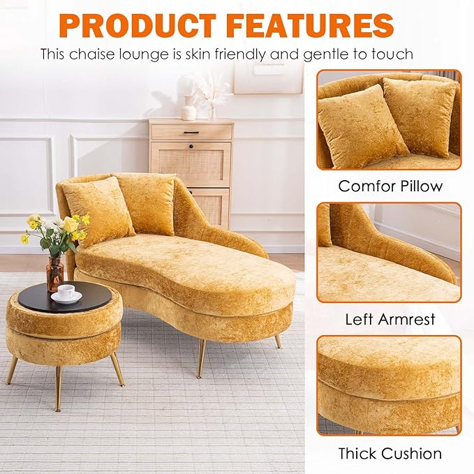Chaise Lounge Chair Indoor Chenille Upholstered Chair with Left Armrest &amp Pillow Modern Lounge Chairs Sofa with Footstool for Living Room Bedroom Office (Yellow)