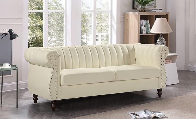 Chesterfield-Inspired 77 Faux Leather Sofa with Elegant Design Gourd Legs and Sustainable Pleather Upholstery 3 Seater Couch for Living Rooms and Offices Cream White
